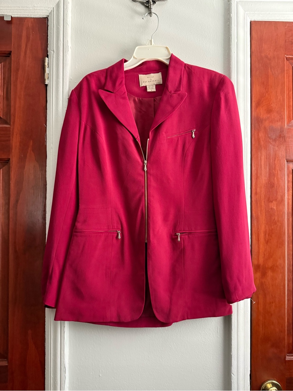 Pat Argenti Women's Red Silk Blazer Jacket Full Zip Lined Pockets Size 8
